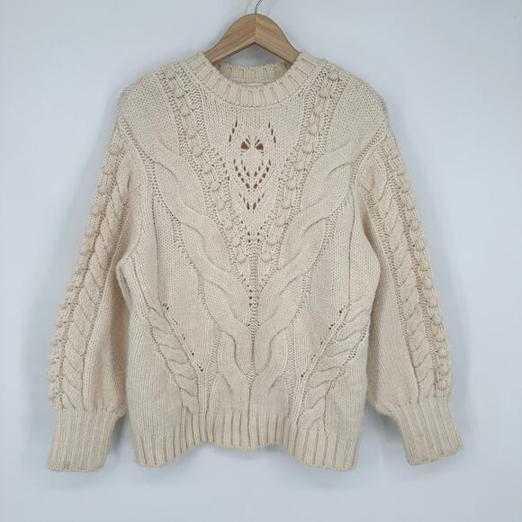 MANGO Crew Neck Sweater Pom-Pom Chunky Cable Knit Balloon Sleeve, Cream - Picture 1 of 8